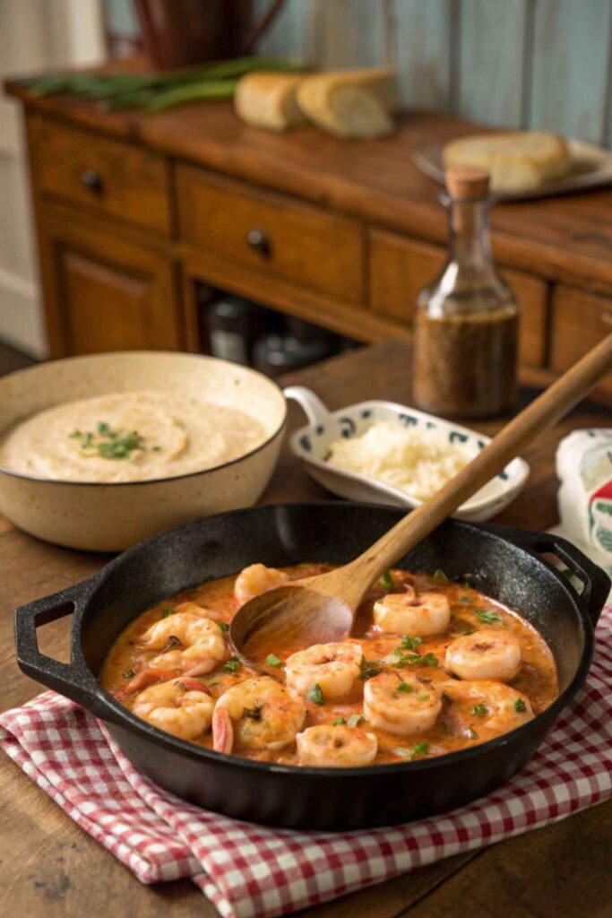 Shrimp cooking in a skillet with Creole sauce