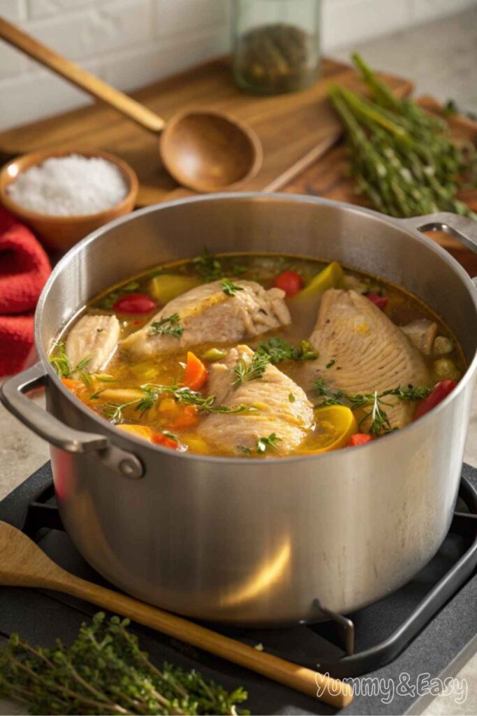 A pot of caldo de pollo simmering on the stove.