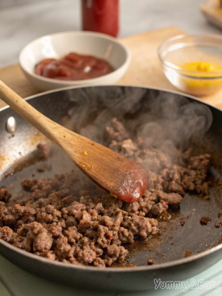 Ground beef browning in a skillet for a sloppy joe recipe.