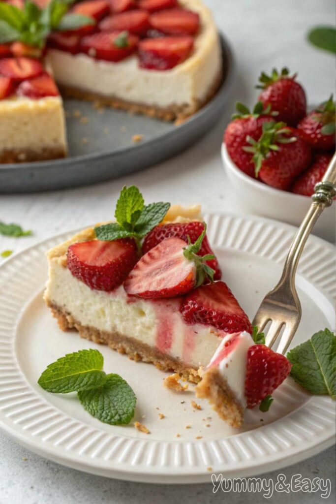 A slice of strawberry cheesecake