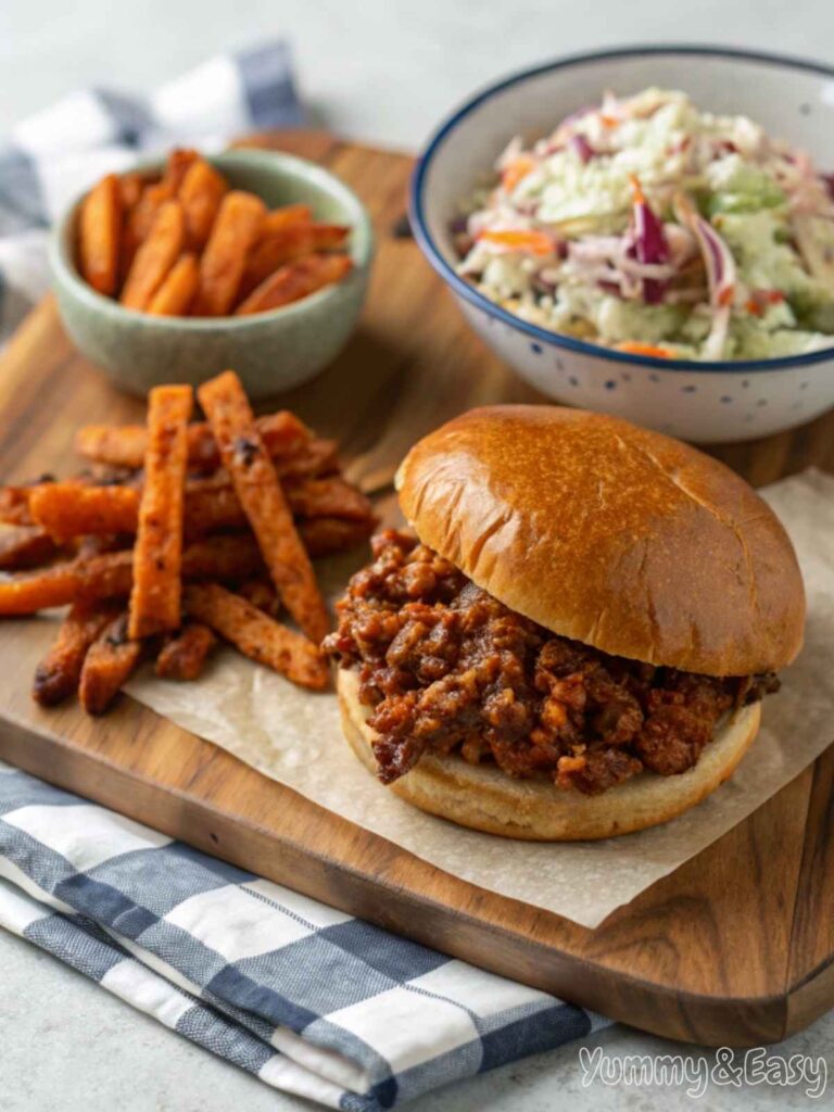 A classic sloppy joe sandwich served with sweet potato fries and coleslaw.