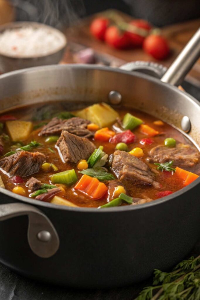 Simmering vegetable beef soup in a pot with beef, vegetables, and broth