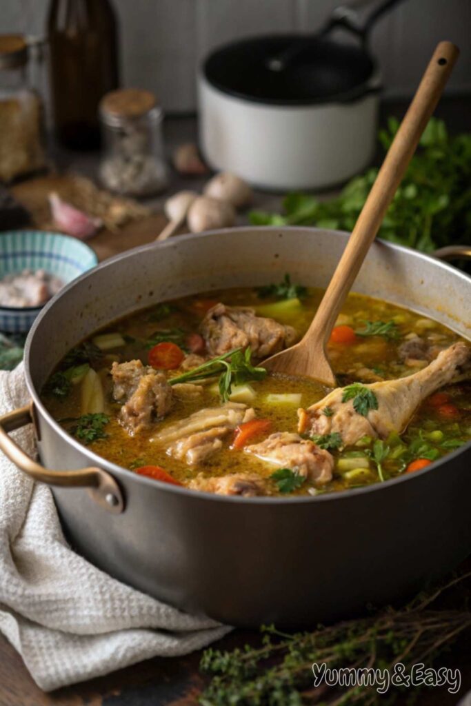 Chicken bone broth simmering in a pot