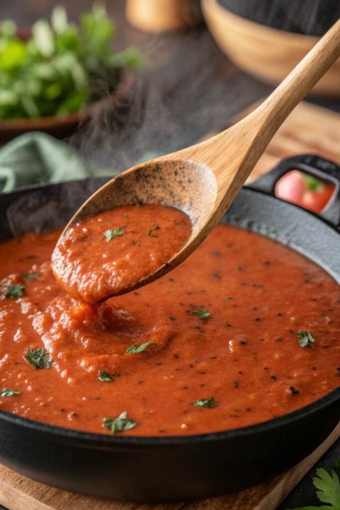 Tomato gravy served over fried chicken and mashed potatoes.