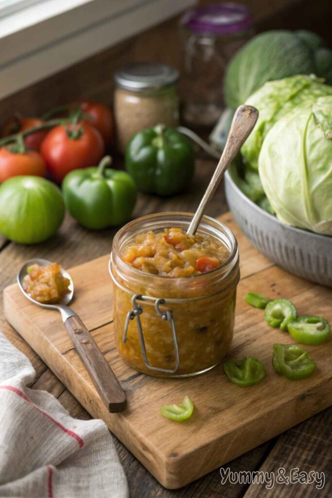 Chow Chow Relish Recipe in a glass jar with fresh vegetables