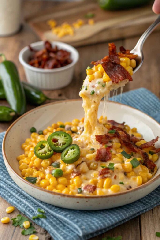 A serving of spicy cheesy corn with jalapeños and crispy bacon