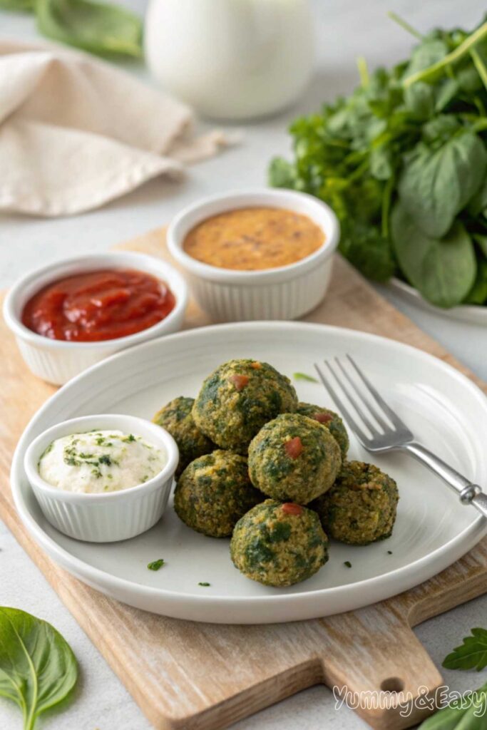 Spinach balls with marinara, ranch, and honey mustard dip