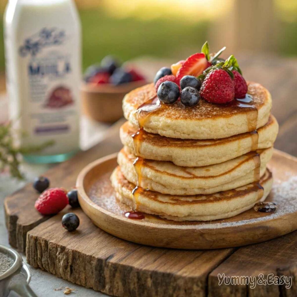 Fluffy Pancake recipe no milktopped with berries and maple syrup