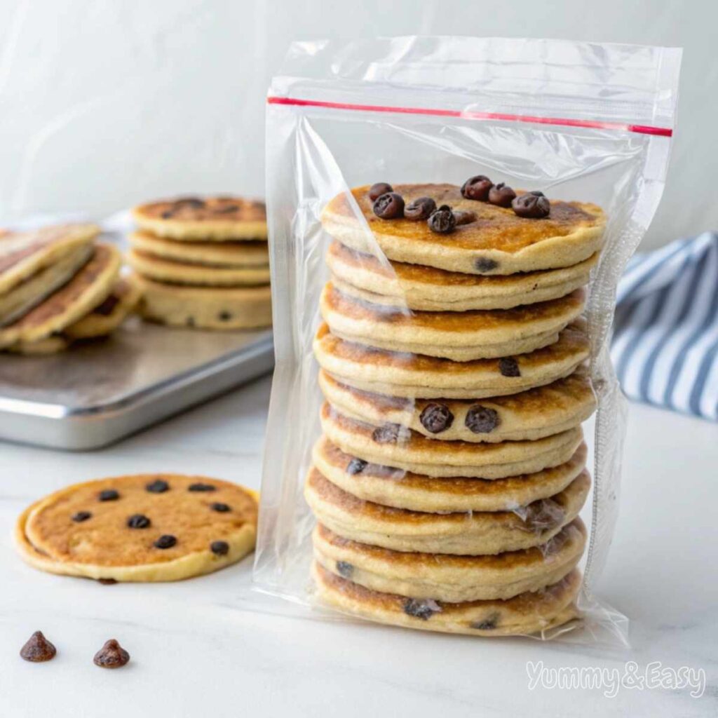 Frozen and reheated chocolate chip pancakes on a kitchen counter.