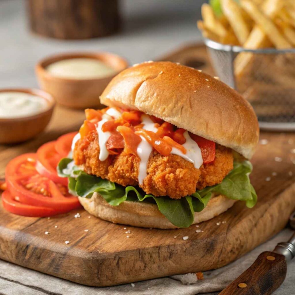 Crispy Buffalo Chicken Sandwich with fries