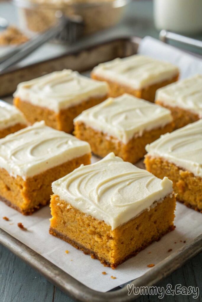 Freshly baked pumpkin bars with cream cheese frosting