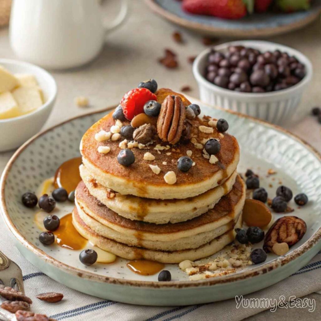 Dairy-free pancakes with fruit, chocolate chips, and syrup