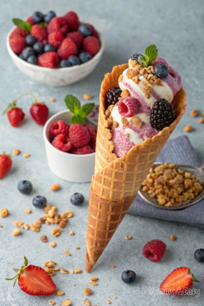 Waffle cone filled with yogurt parfait and fresh berries