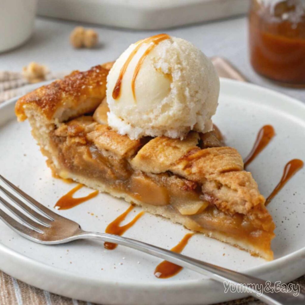 A slice of warm apple pie with vanilla ice cream