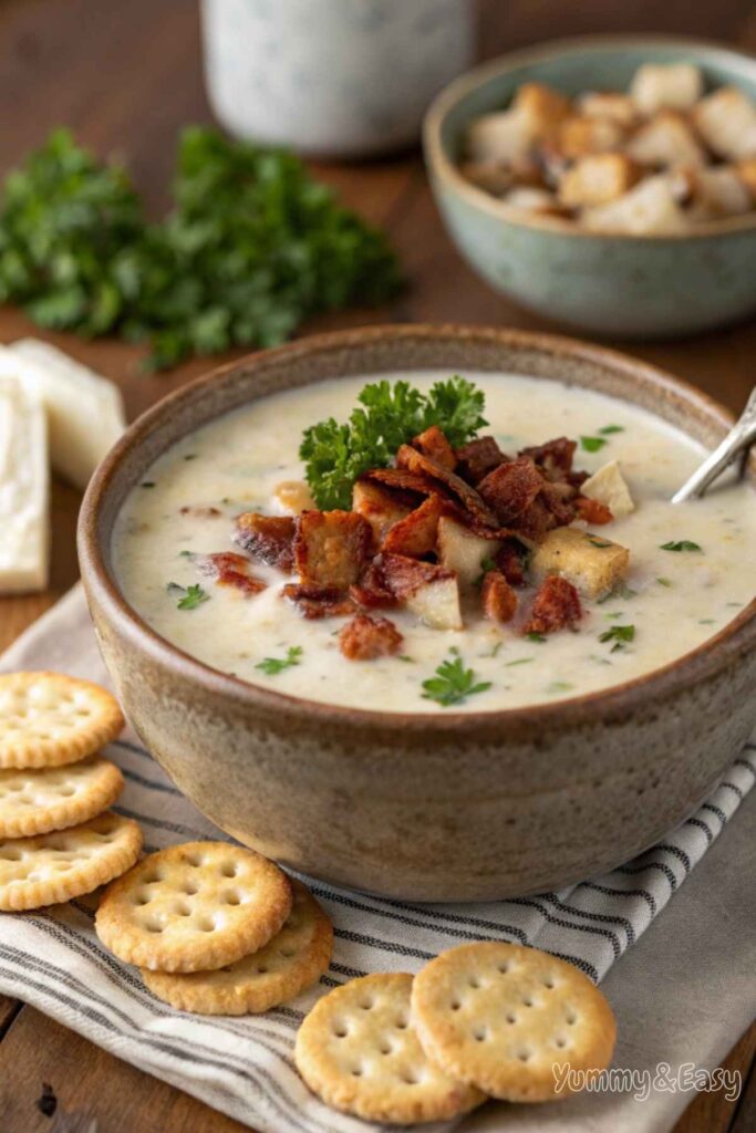 A bowl of creamy New England clam chowder with crispy bacon and fresh parsley.