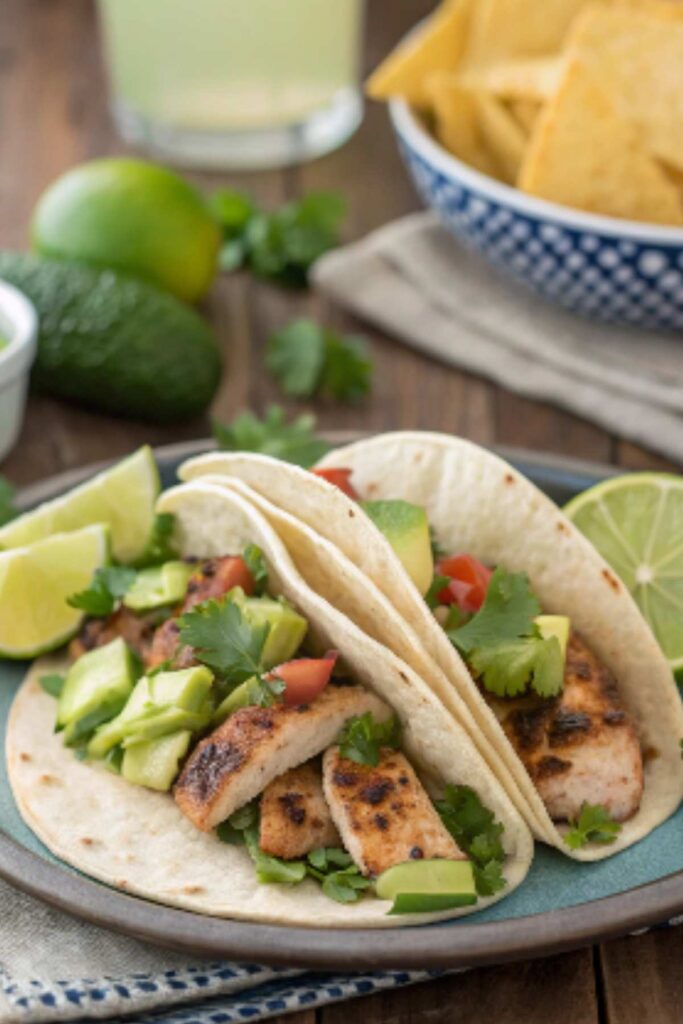 Grilled chicken tacos topped with avocado salsa and fresh cilantro.