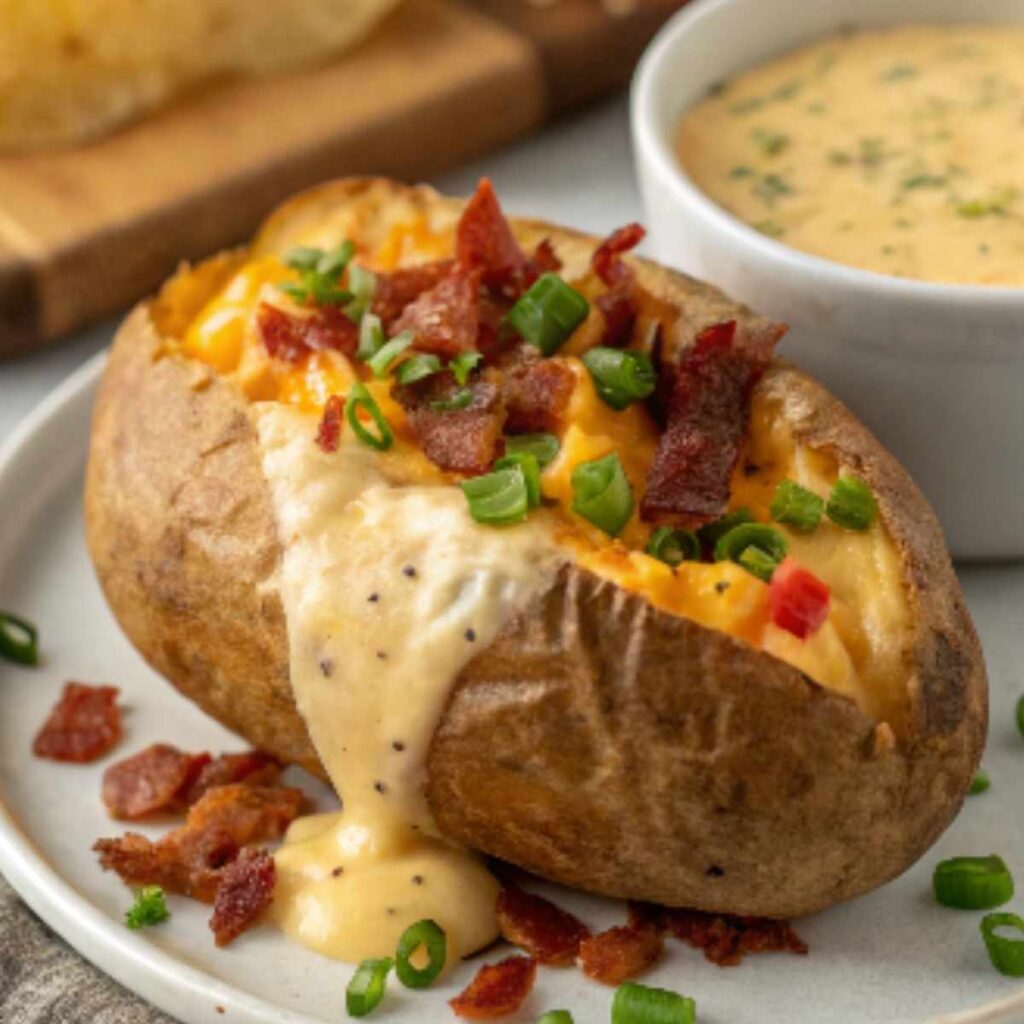 A loaded baked potato filled with creamy queso dip