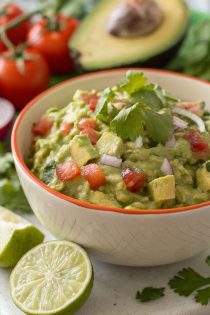 Freshly made avocado salsa with tomatoes, onions, and cilantro.