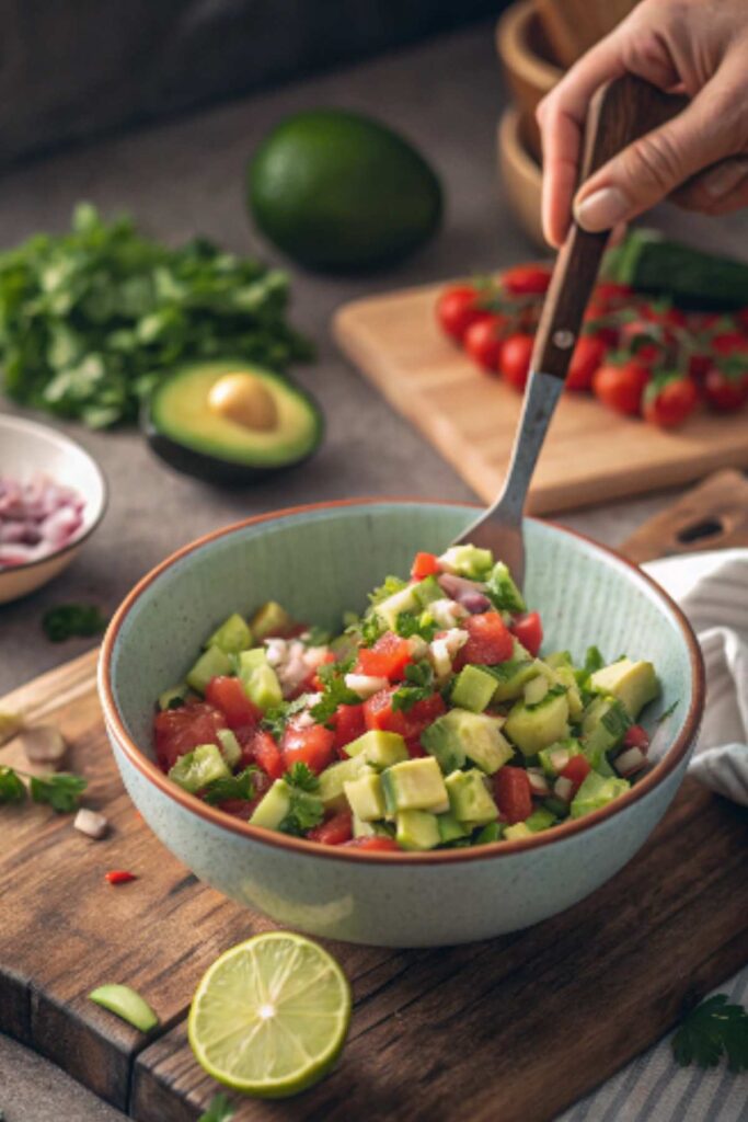 Hands mixing fresh avocado salsa in a bowl with tomatoes and cilantro.