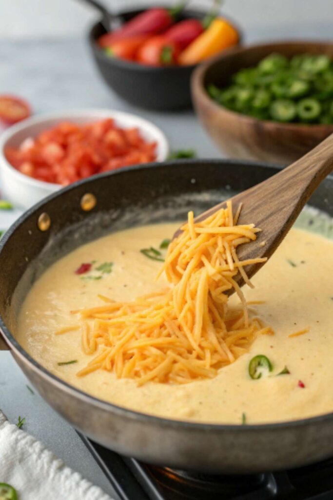 Melting cheese in a pan for queso dip.