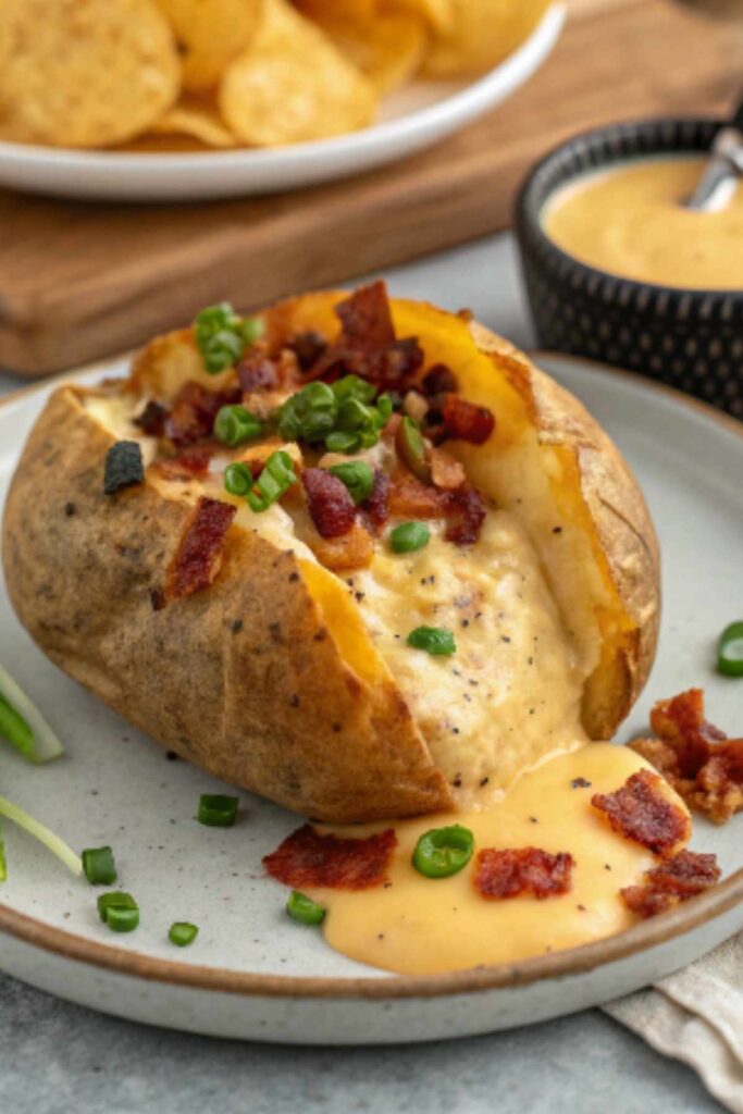 Queso-stuffed baked potato with bacon and green onions