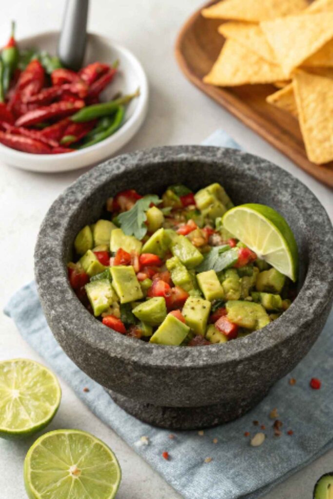 Spicy avocado salsa with jalapeños and red pepper flakes in a stone bowl.