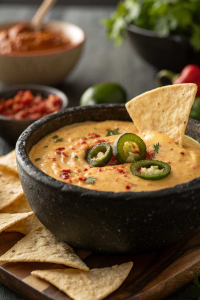 Spicy famous queso dip recipe topped with jalapeños and paprika